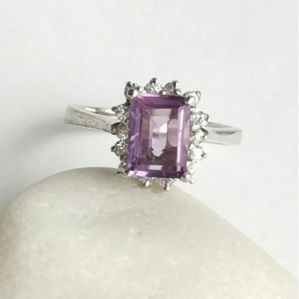 Amethyst White Topaz Halo Ring Sterling Silver Size 6